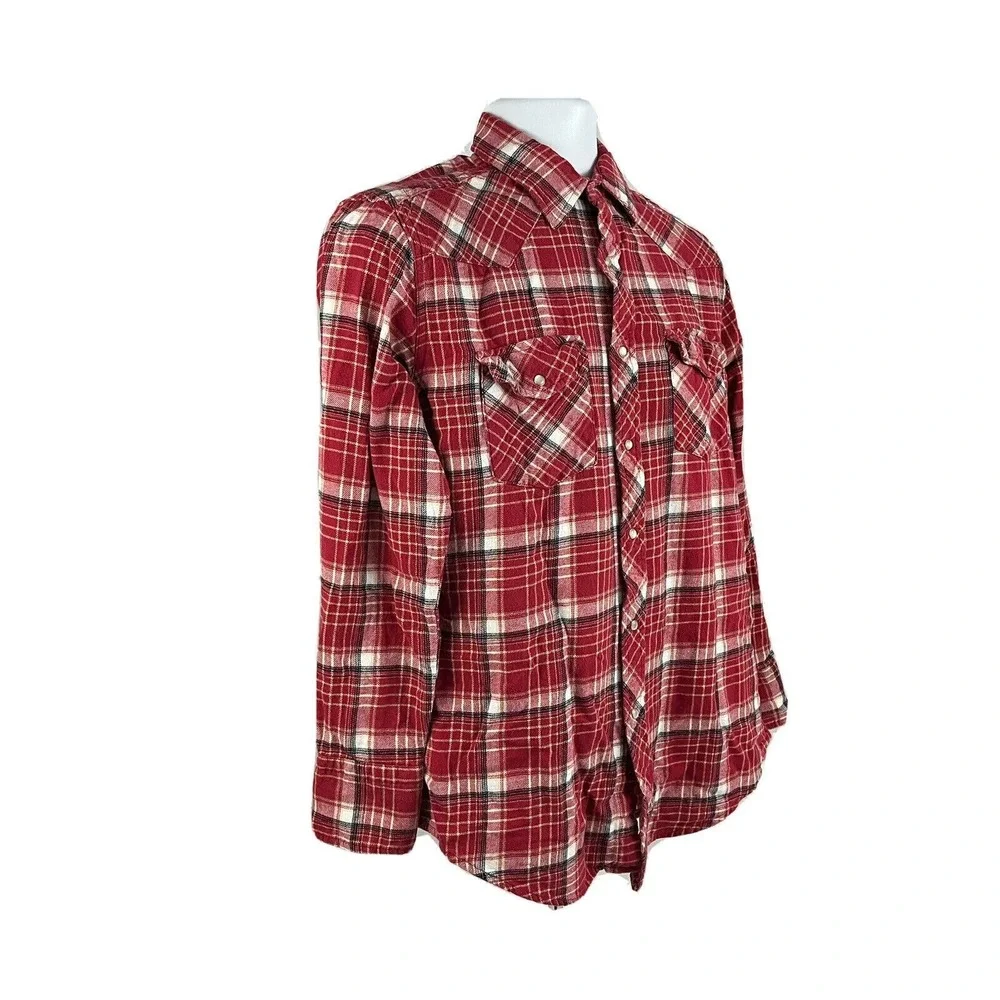 WRANGLER WRANCHER WESTERN FLANNEL SHIRT Pearl Snaps Plaid Cowboy Rodeo Medium
